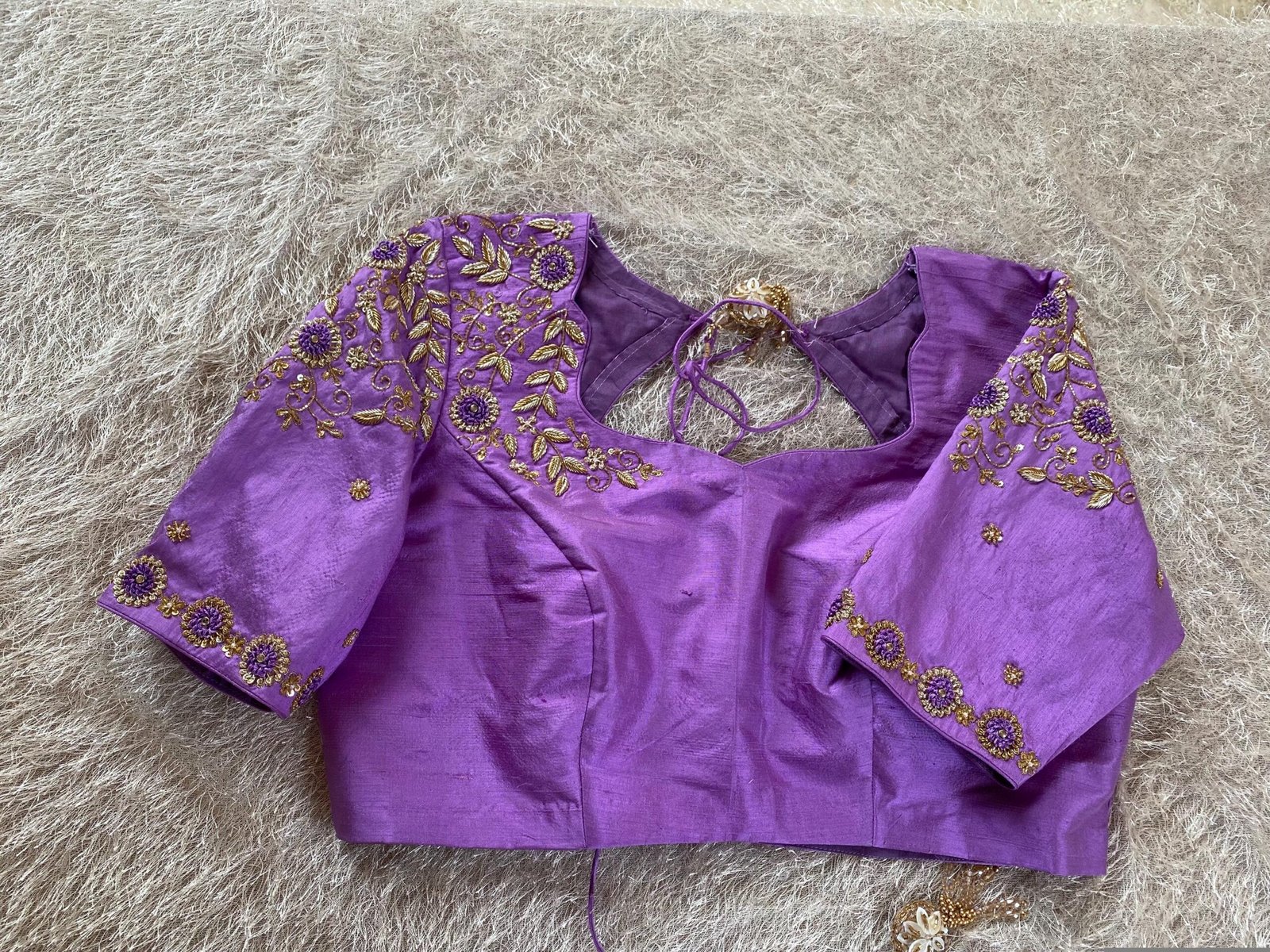 Lavender Hand-Embroidered Saree Blouse: Raw Silk Zardosi Maggam Work