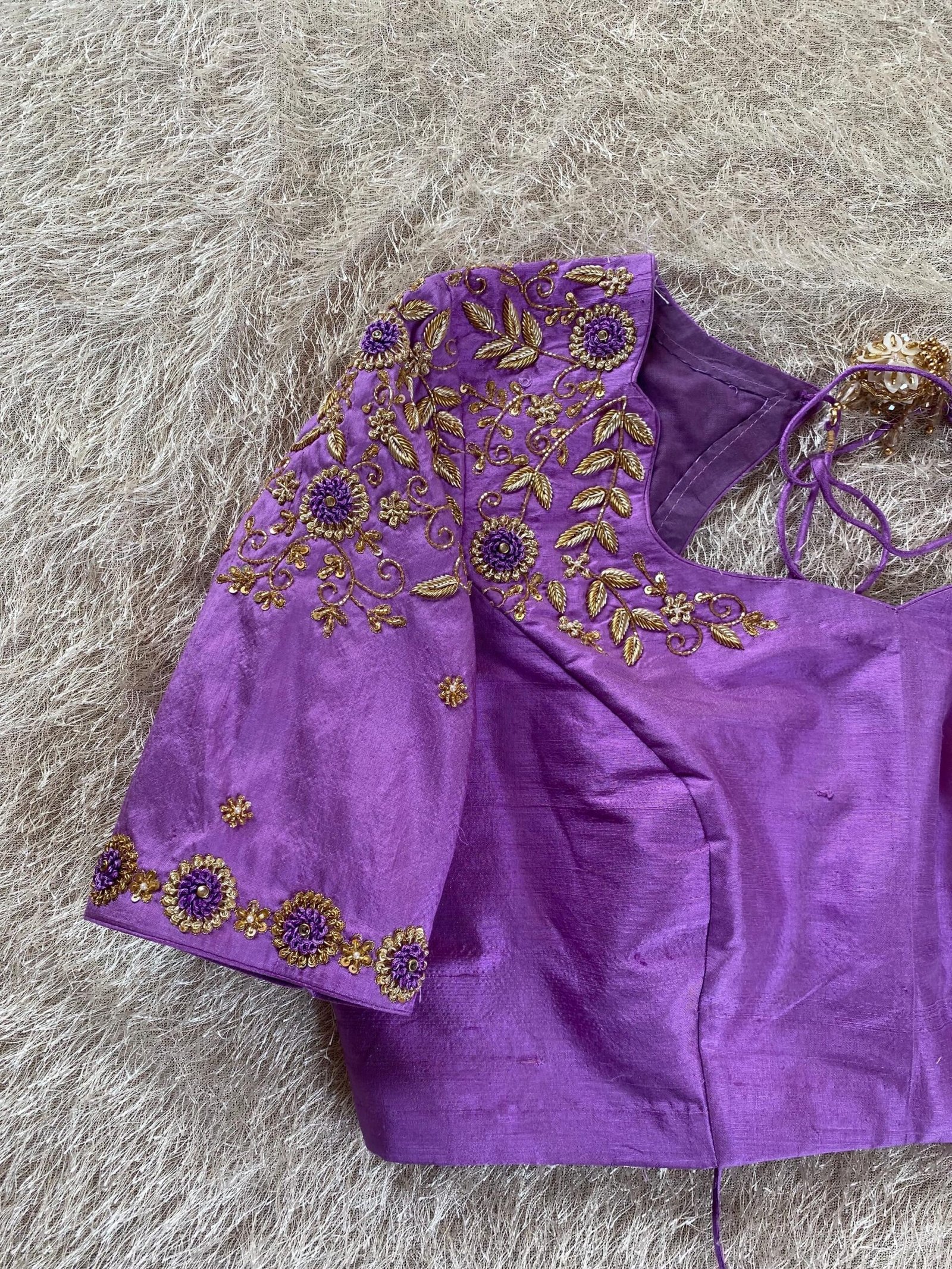 Lavender Hand-Embroidered Saree Blouse: Raw Silk Zardosi Maggam Work