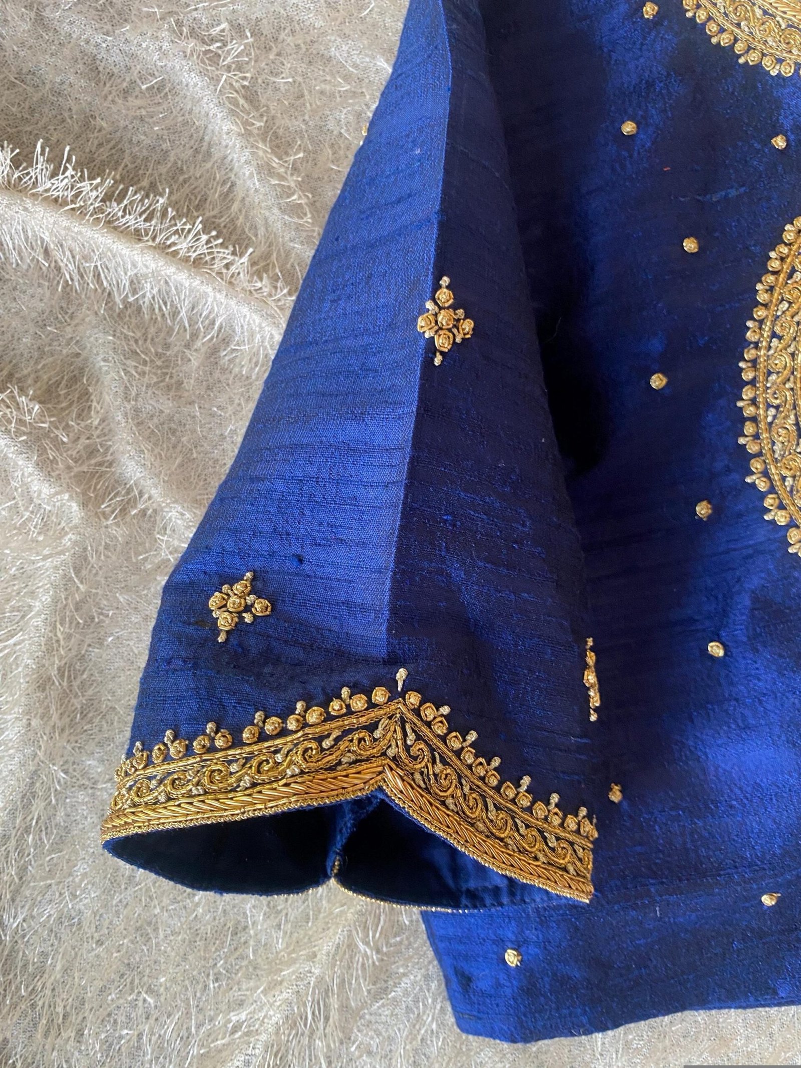 Navy Blue Silk Saree Blouse: Hand Embroidered Zardosi Crop Top