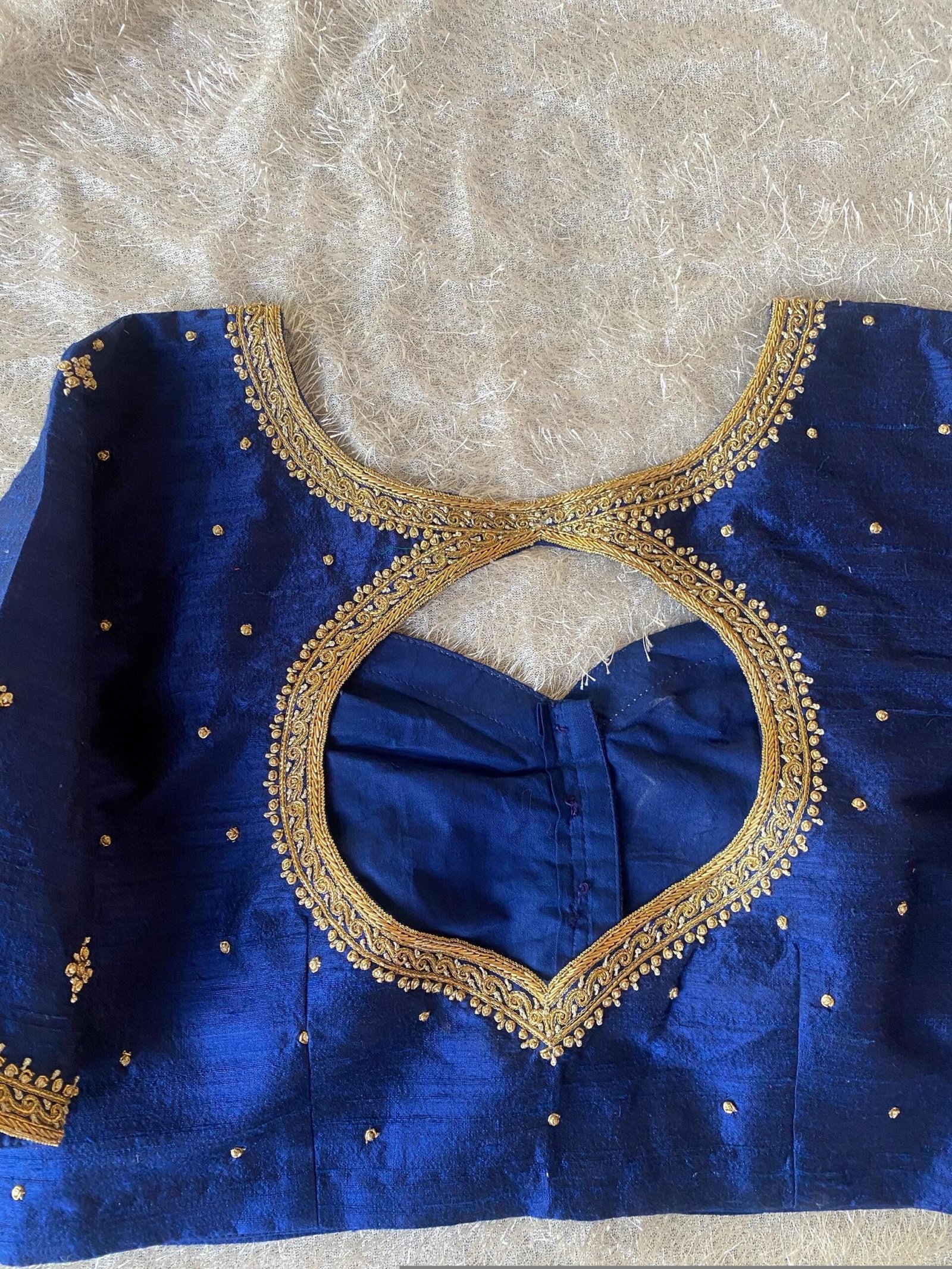 Navy Blue Silk Saree Blouse: Hand Embroidered Zardosi Crop Top