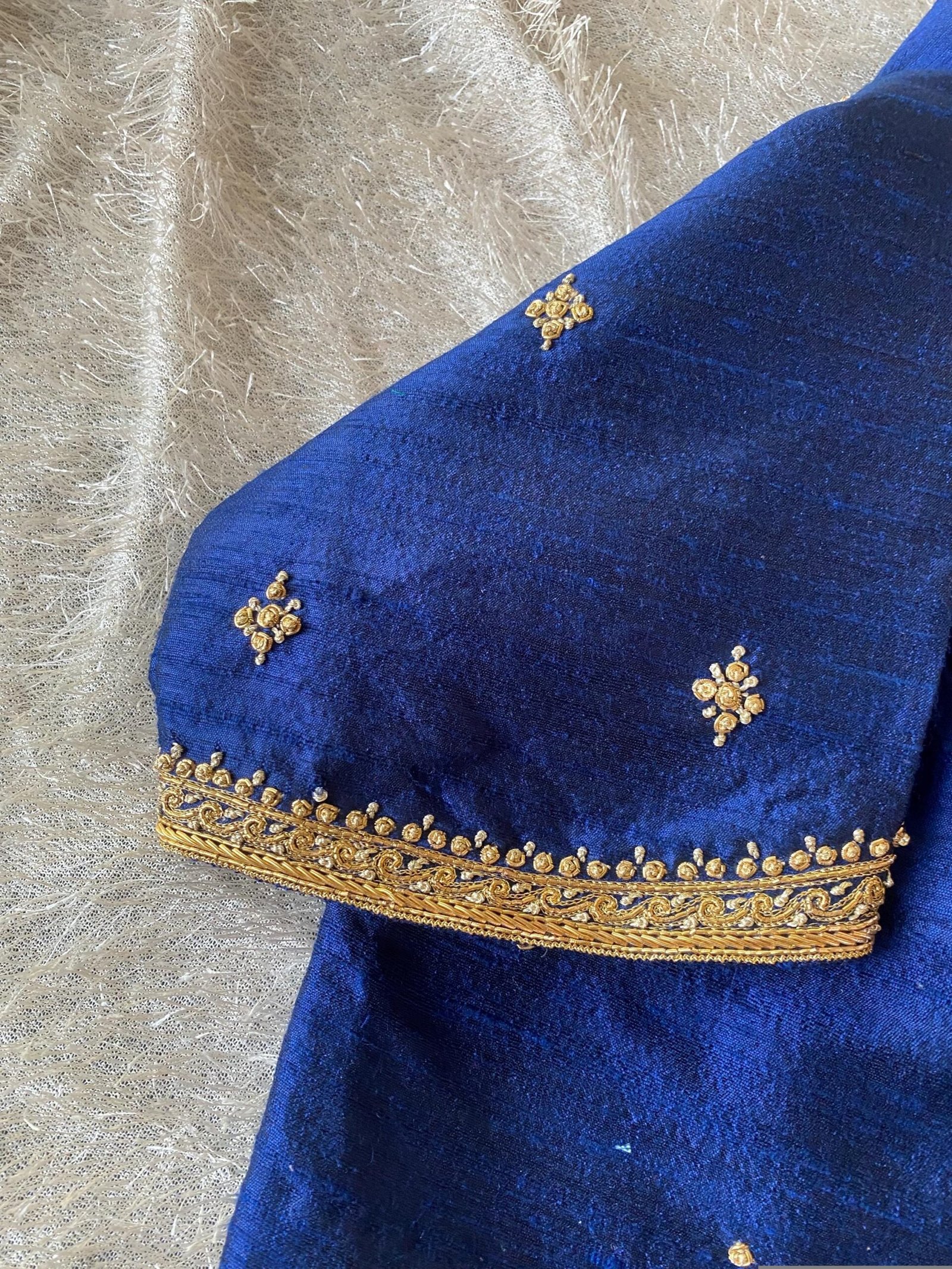 Navy Blue Silk Saree Blouse: Hand Embroidered Zardosi Crop Top
