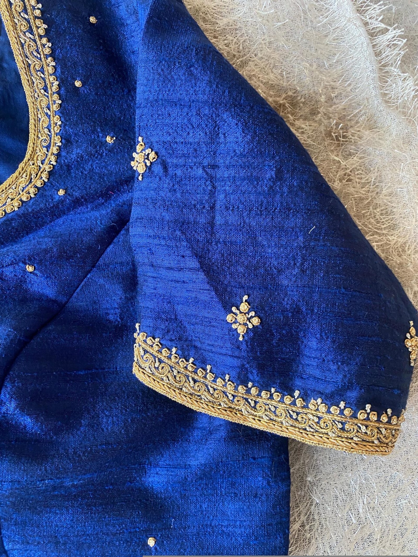 Navy Blue Silk Saree Blouse: Hand Embroidered Zardosi Crop Top