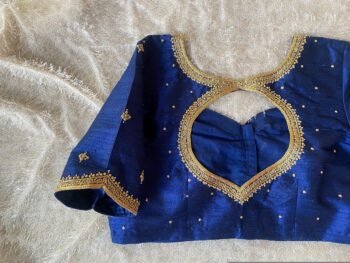 Navy Blue Silk Saree Blouse: Hand Embroidered Zardosi Crop Top