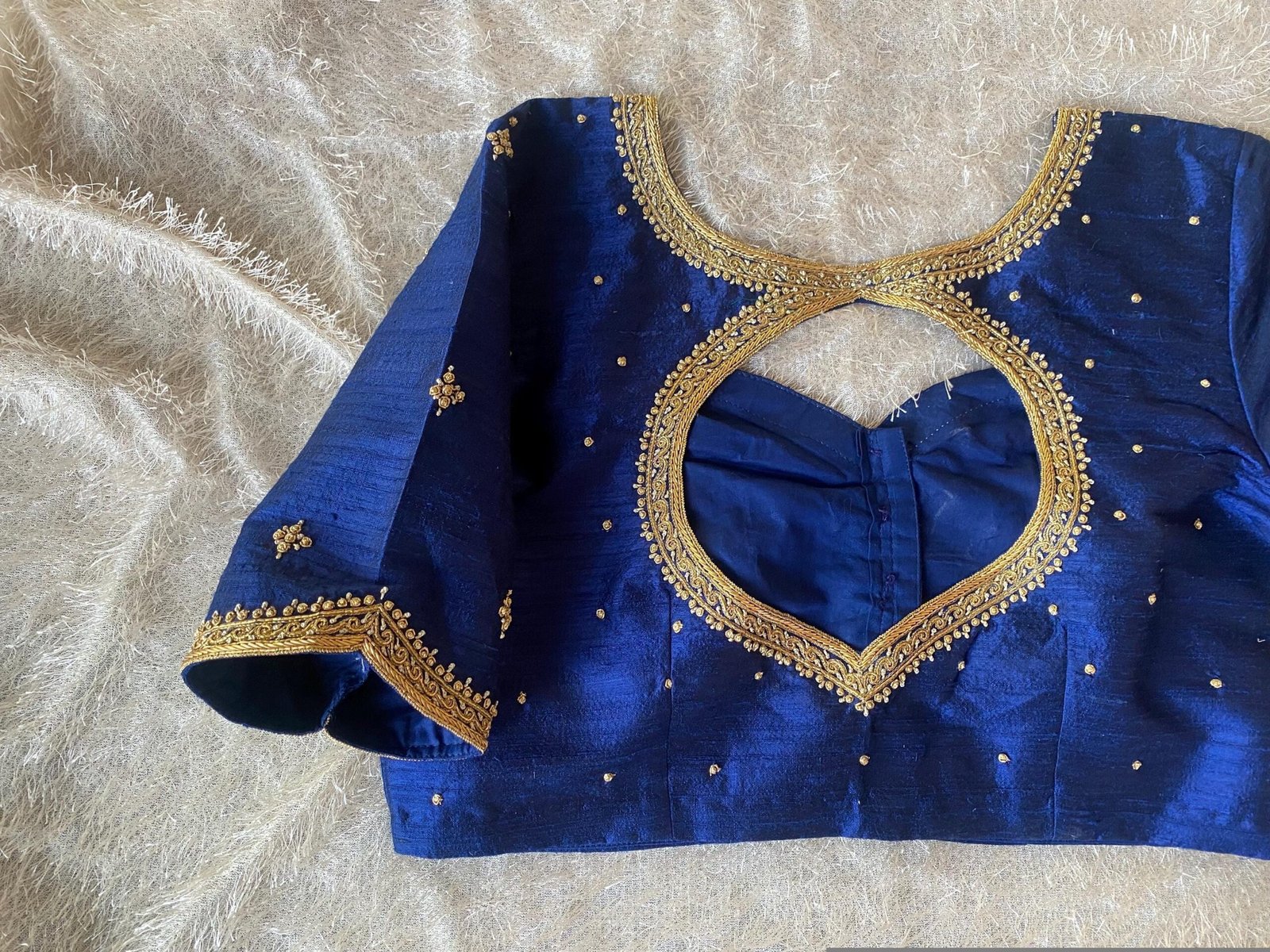 Navy Blue Silk Saree Blouse: Hand Embroidered Zardosi Crop Top