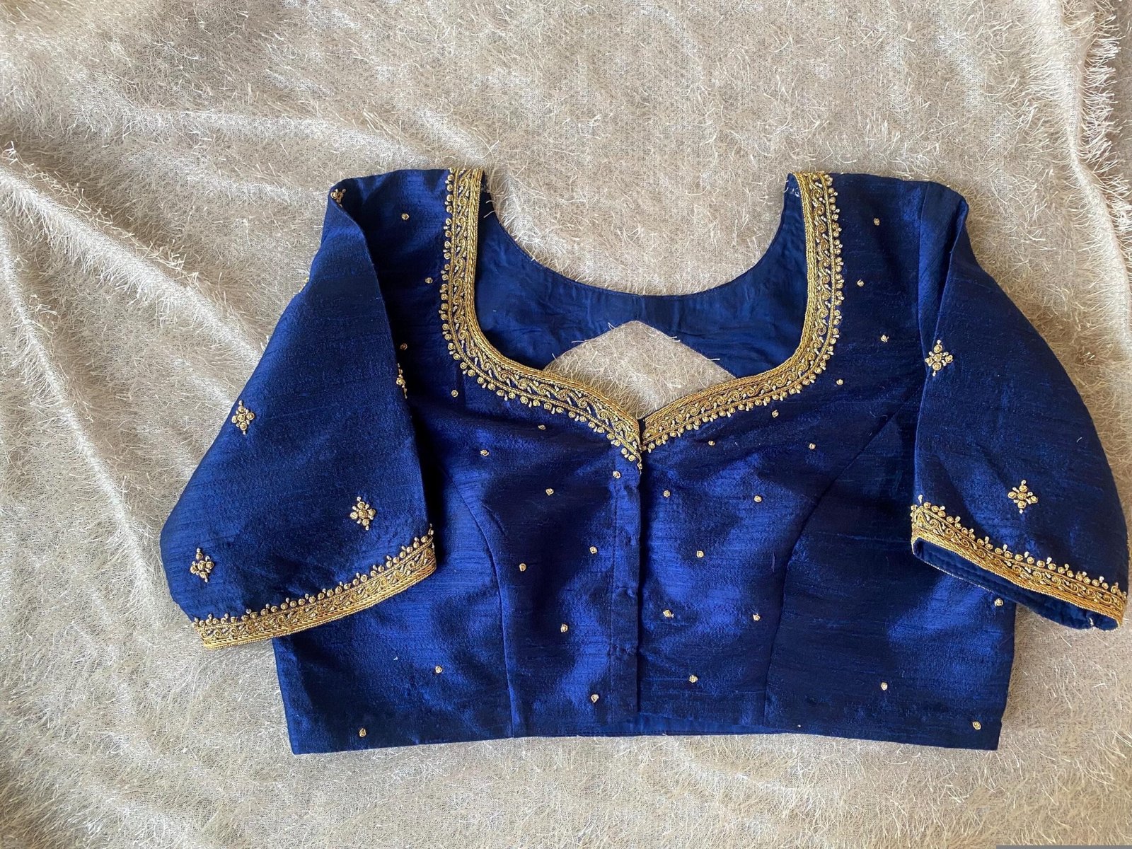 Navy Blue Silk Saree Blouse: Hand Embroidered Zardosi Crop Top