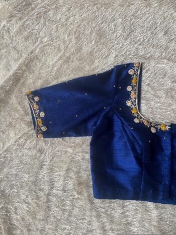 Navy Blue Silk Hand Embroidered Blouse: Zardosi Maggam Work