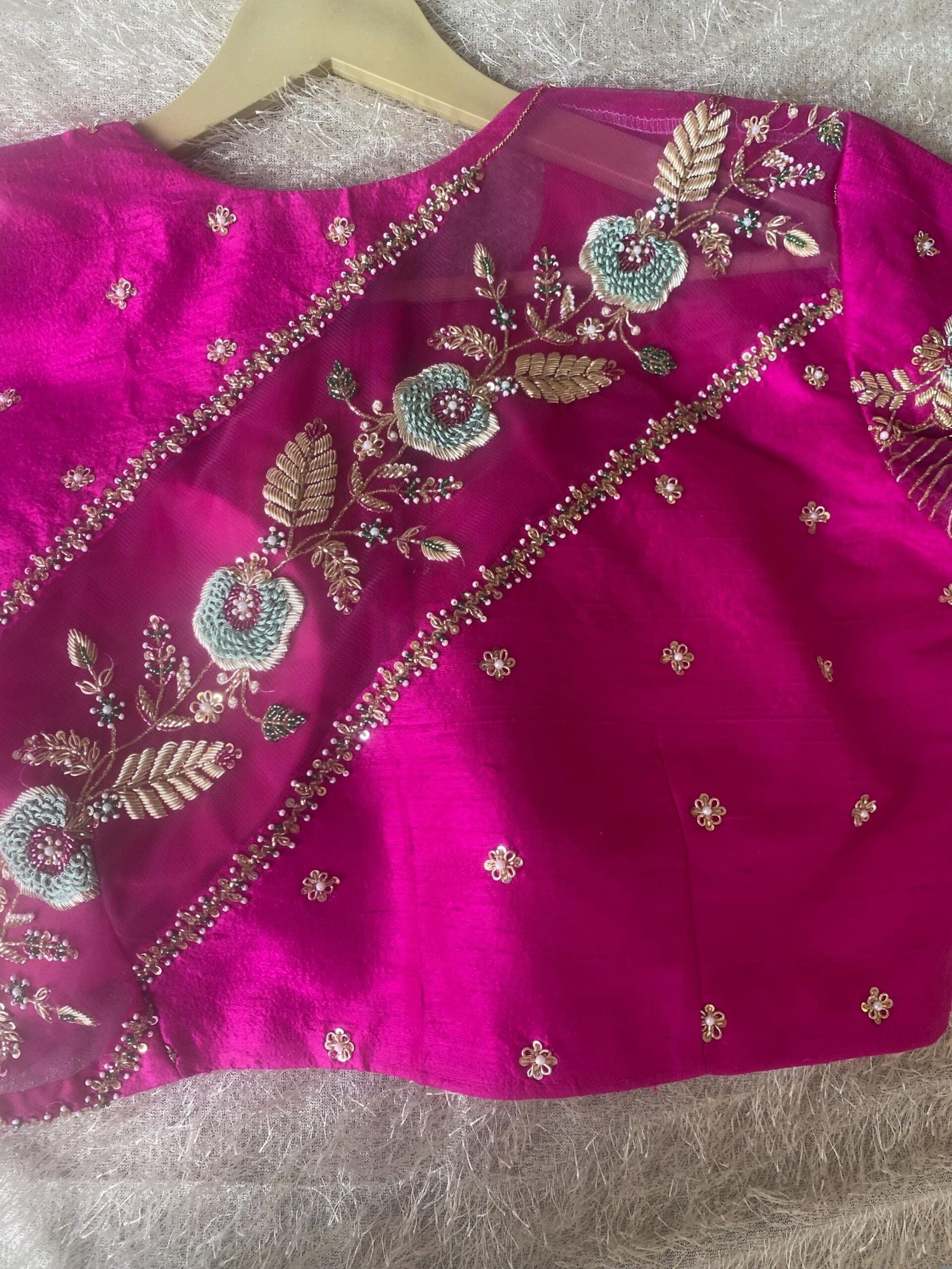 Hand Embroidered Silk Blouse: Pink Zardosi Maggam Work
