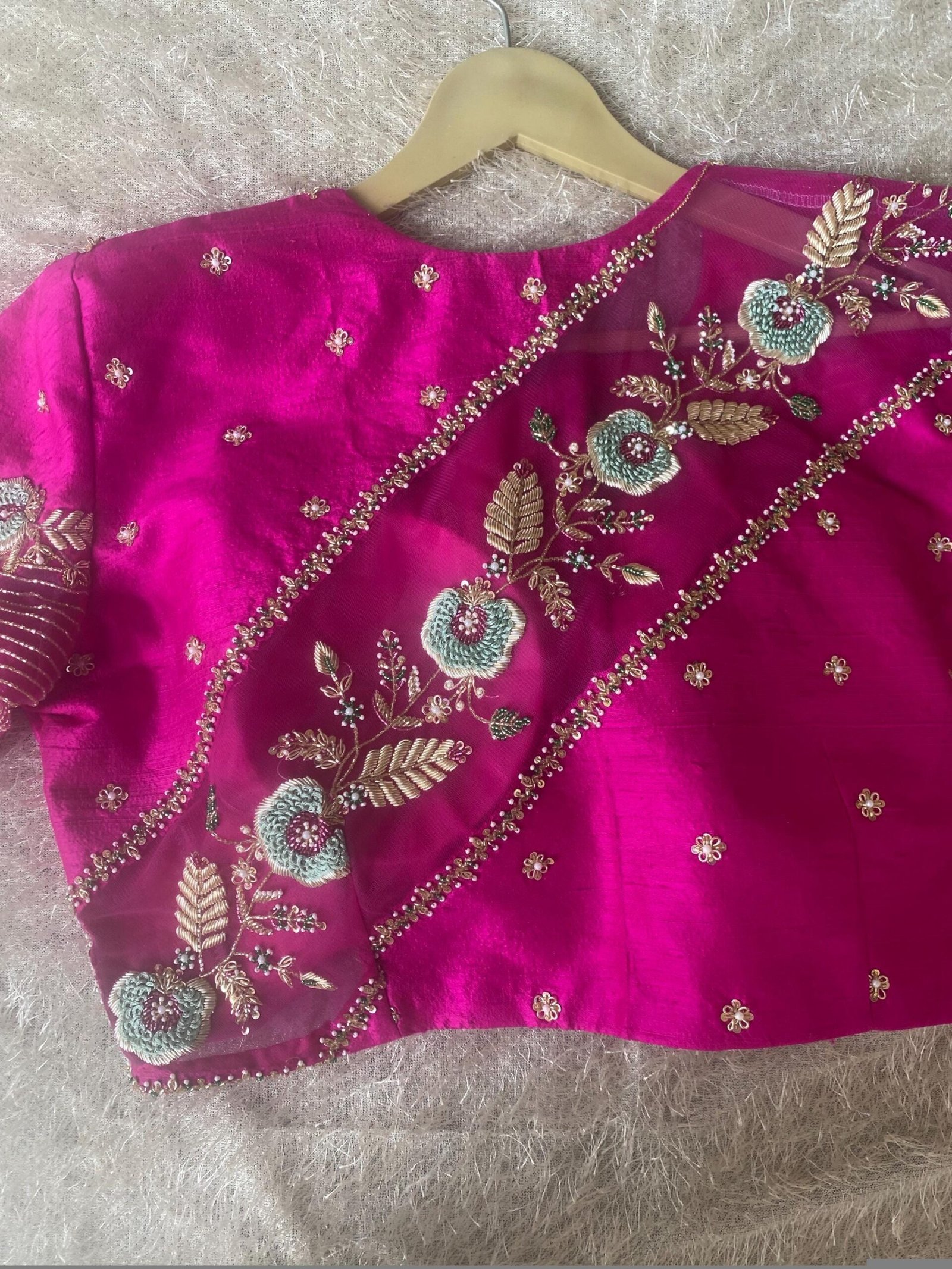 Hand Embroidered Silk Blouse: Pink Zardosi Maggam Work
