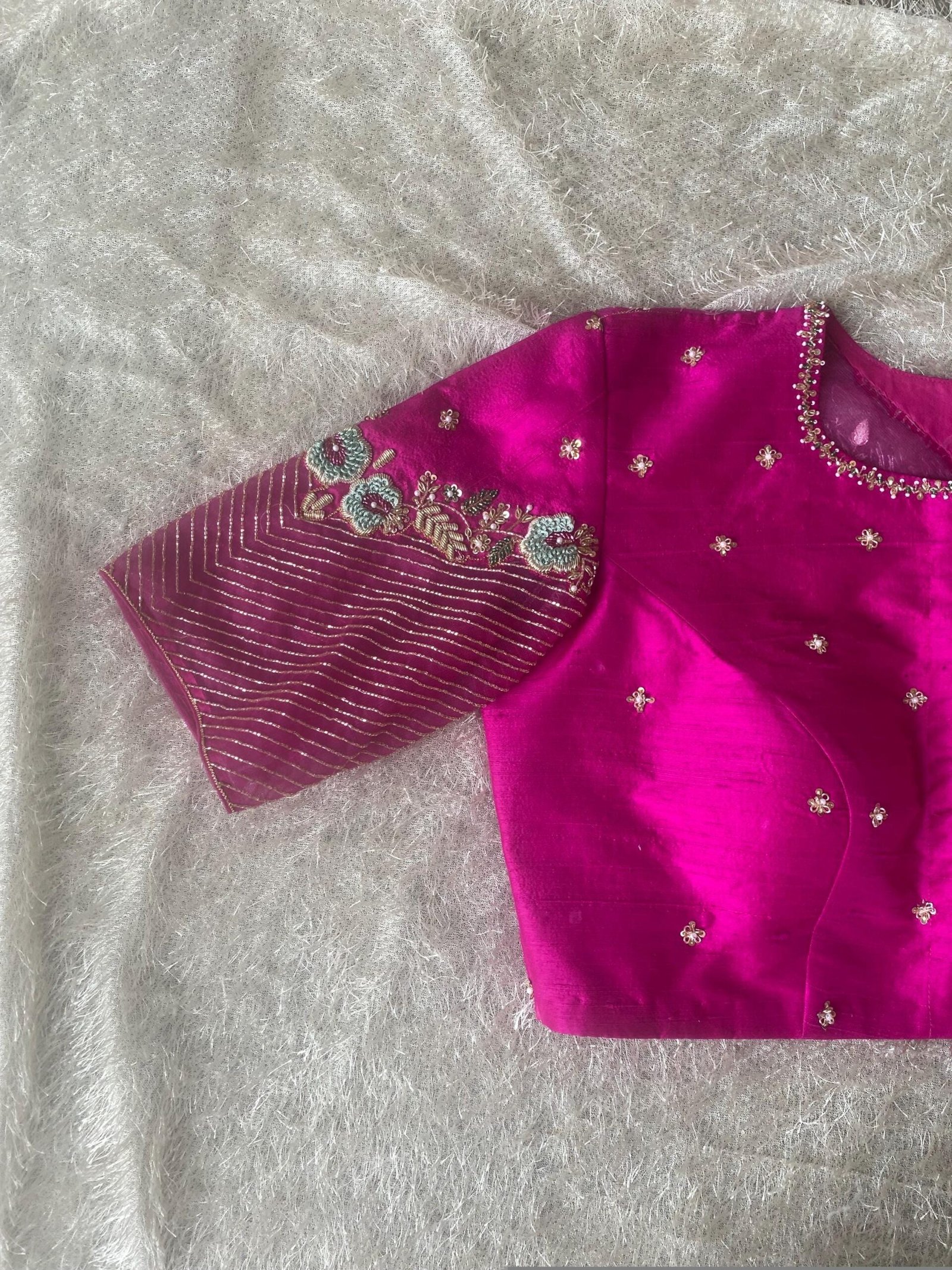 Hand Embroidered Silk Blouse: Pink Zardosi Maggam Work