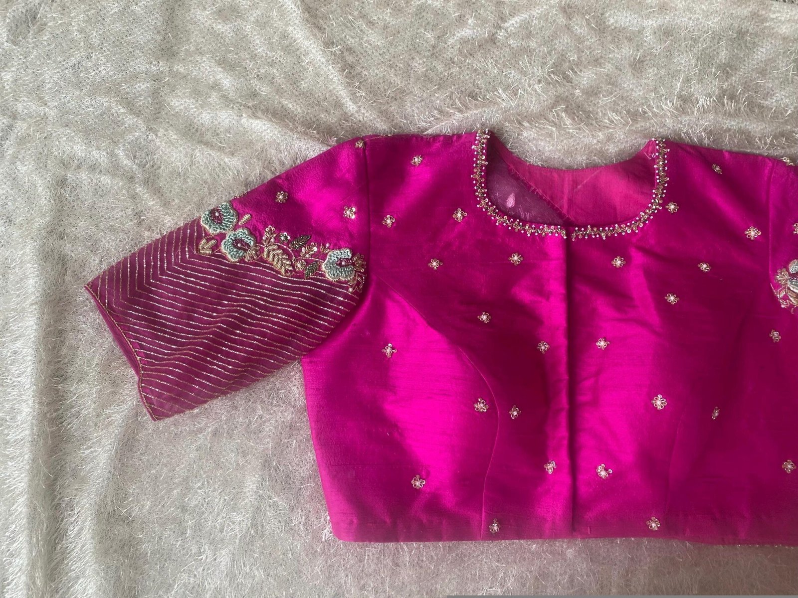 Hand Embroidered Silk Blouse: Pink Zardosi Maggam Work