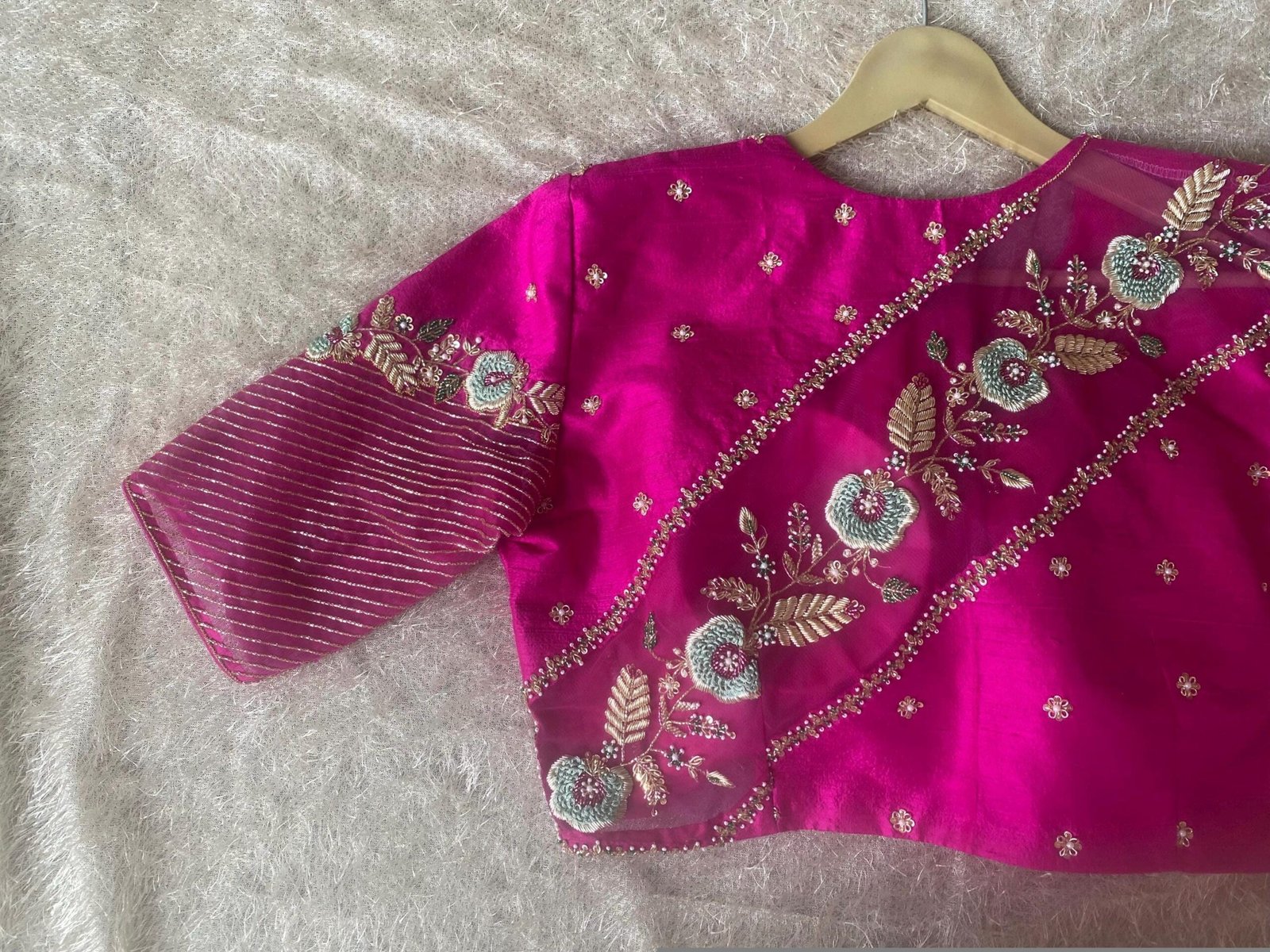 Hand Embroidered Silk Blouse: Pink Zardosi Maggam Work