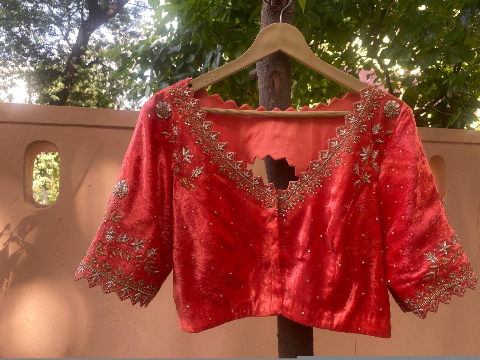 Velvet Zardosi Blouse: Hand Embroidered Cutwork Maggam, Light Orange