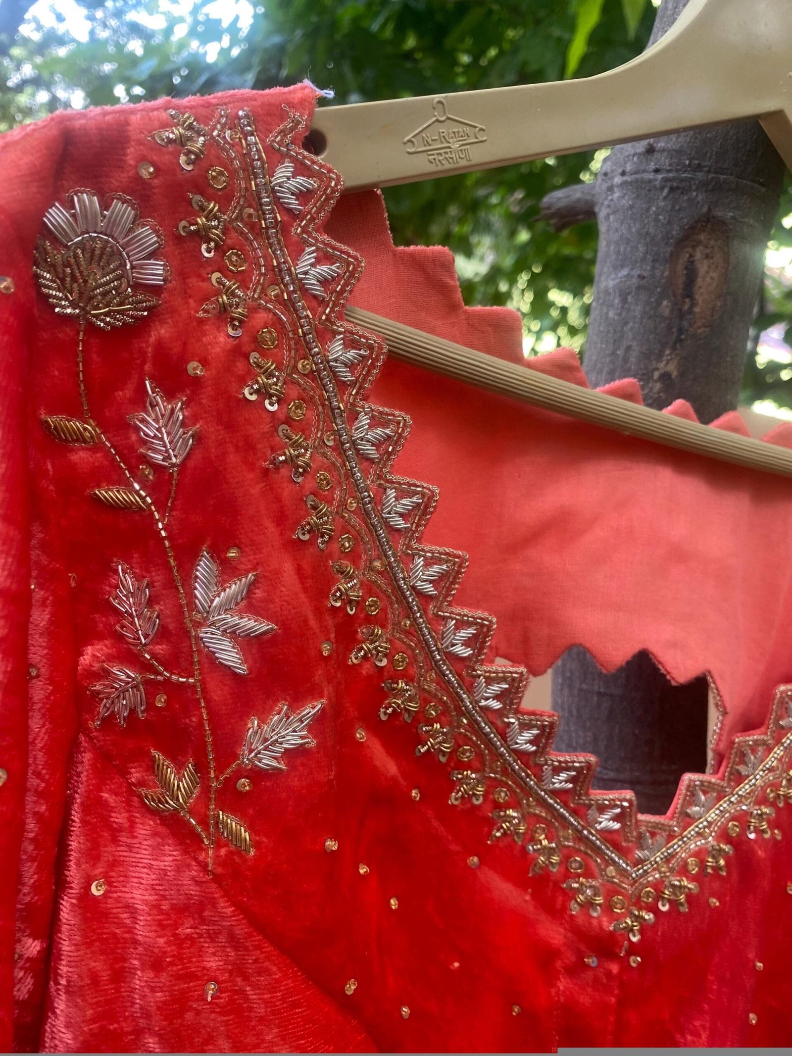 Velvet Zardosi Blouse: Hand Embroidered Cutwork Maggam, Light Orange