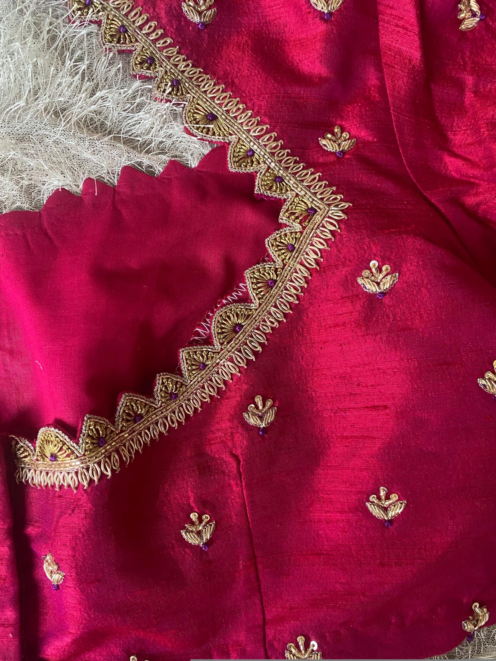Hand Embroidered Zardosi Silk Blouse: Reddish Pink Maggam Work