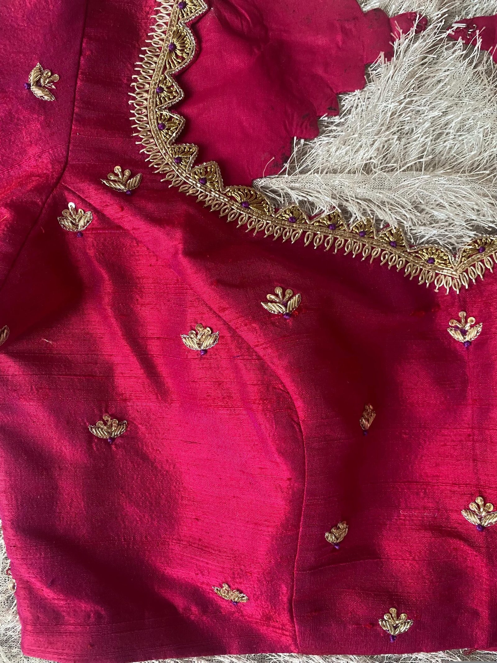 Hand Embroidered Zardosi Silk Blouse: Reddish Pink Maggam Work
