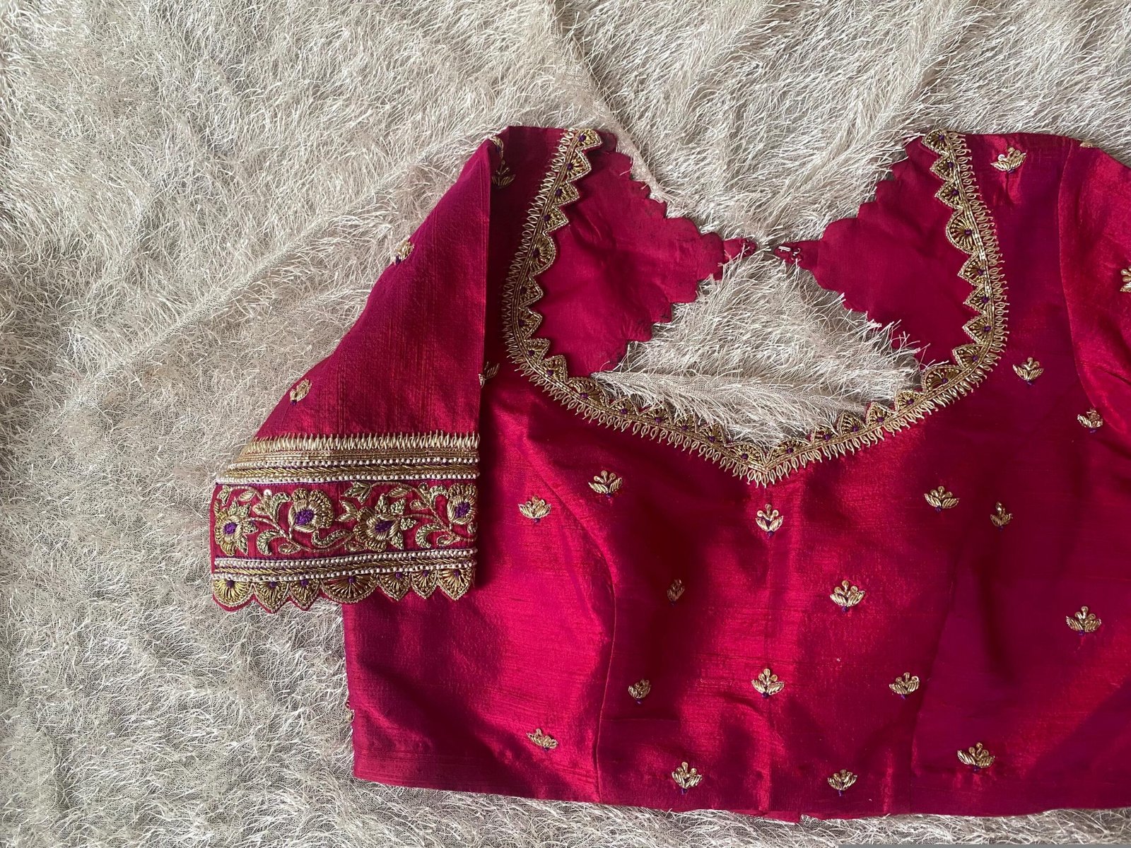 Hand Embroidered Zardosi Silk Blouse: Reddish Pink Maggam Work