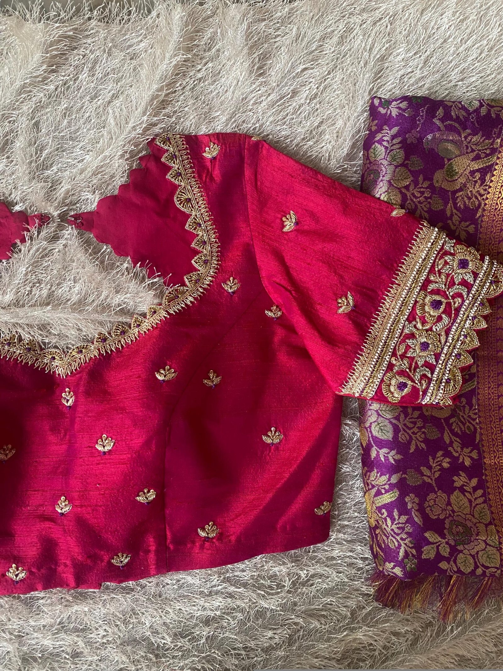 Hand Embroidered Zardosi Silk Blouse: Reddish Pink Maggam Work