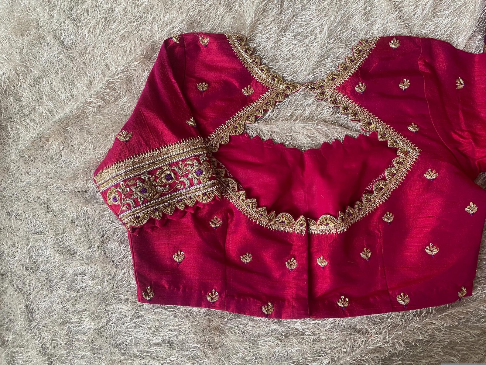 Hand Embroidered Zardosi Silk Blouse: Reddish Pink Maggam Work