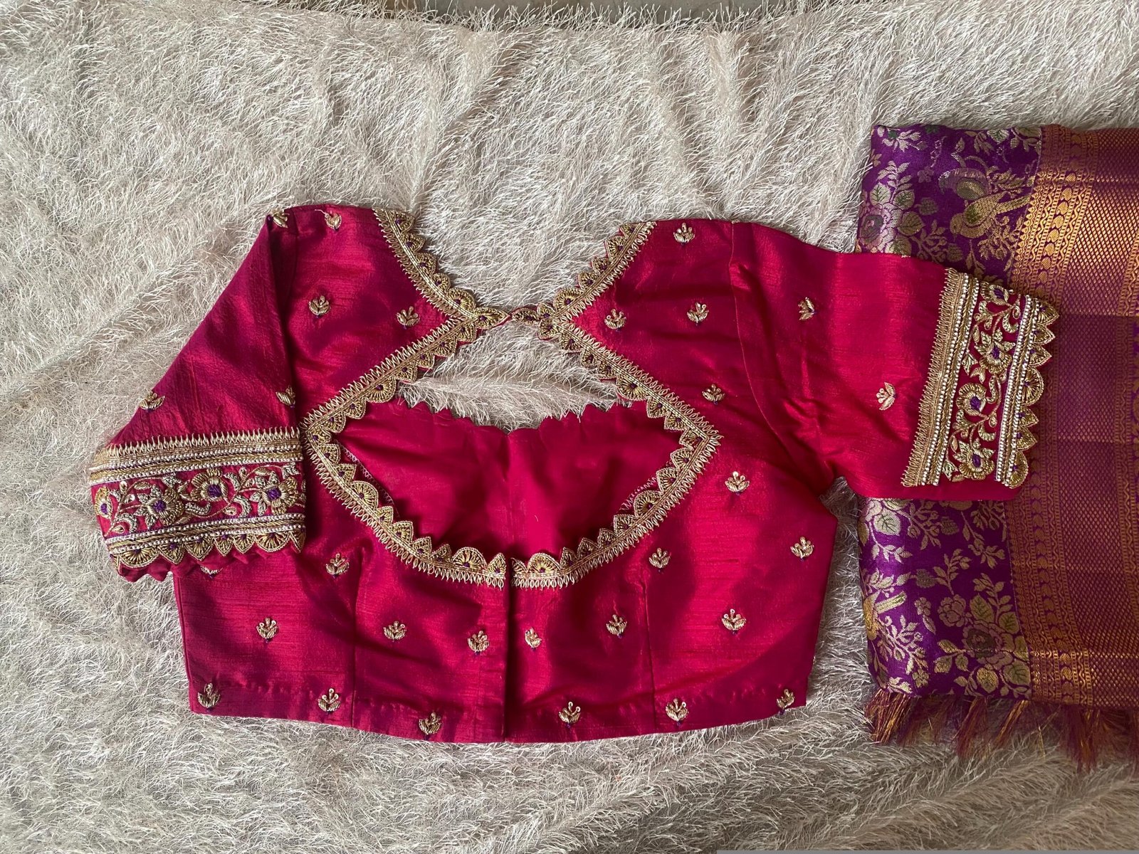 Hand Embroidered Zardosi Silk Blouse: Reddish Pink Maggam Work