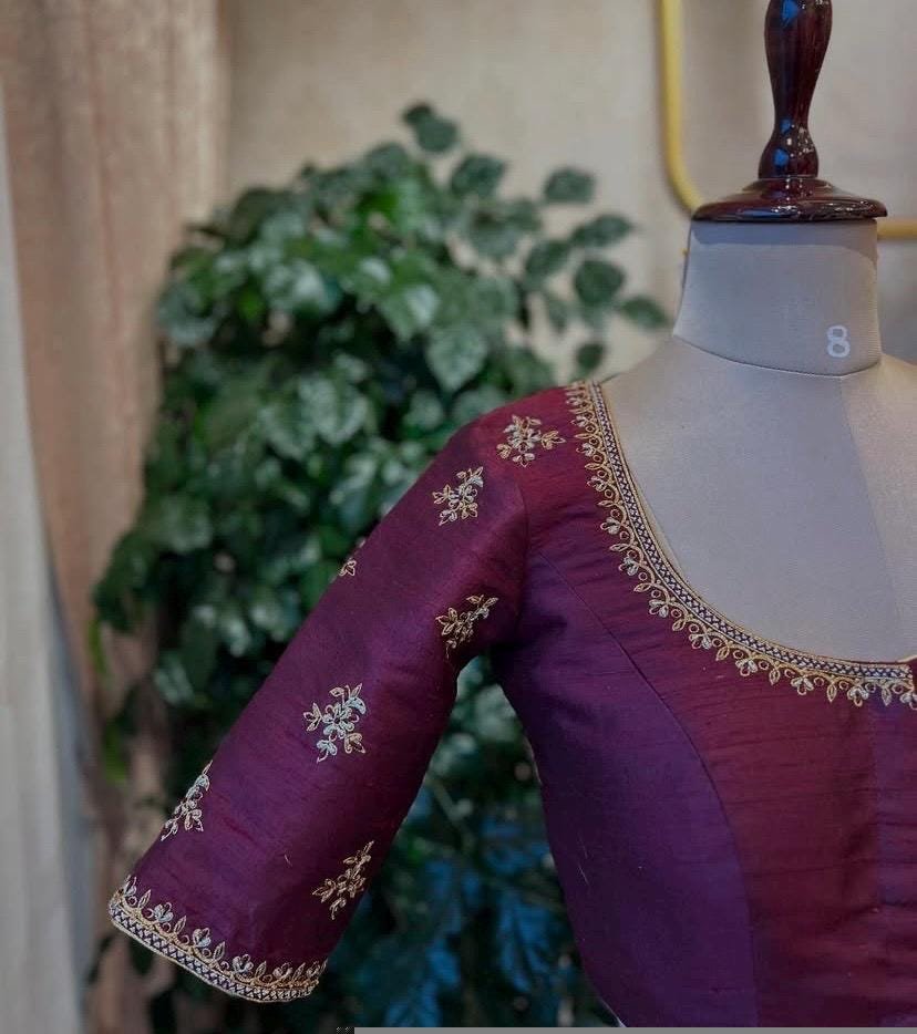 Hand Embroidered Plum Silk Blouse: Zardosi Saree Blouse - Size 42,plus size blouse,handwork blouse,maggam blouse,mix and match blouse USA