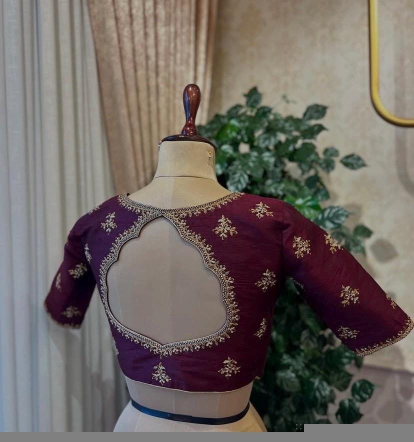 Hand Embroidered Plum Silk Blouse: Zardosi Saree Blouse - Size 42,plus size blouse,handwork blouse,maggam blouse,mix and match blouse USA
