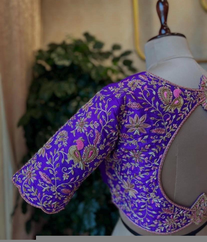 Hand Embroidered Silk Bridal Blouse: Purple Zardosi Wedding Crop Top