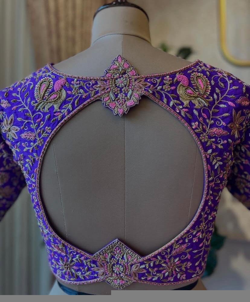 Hand Embroidered Silk Bridal Blouse: Purple Zardosi Wedding Crop Top