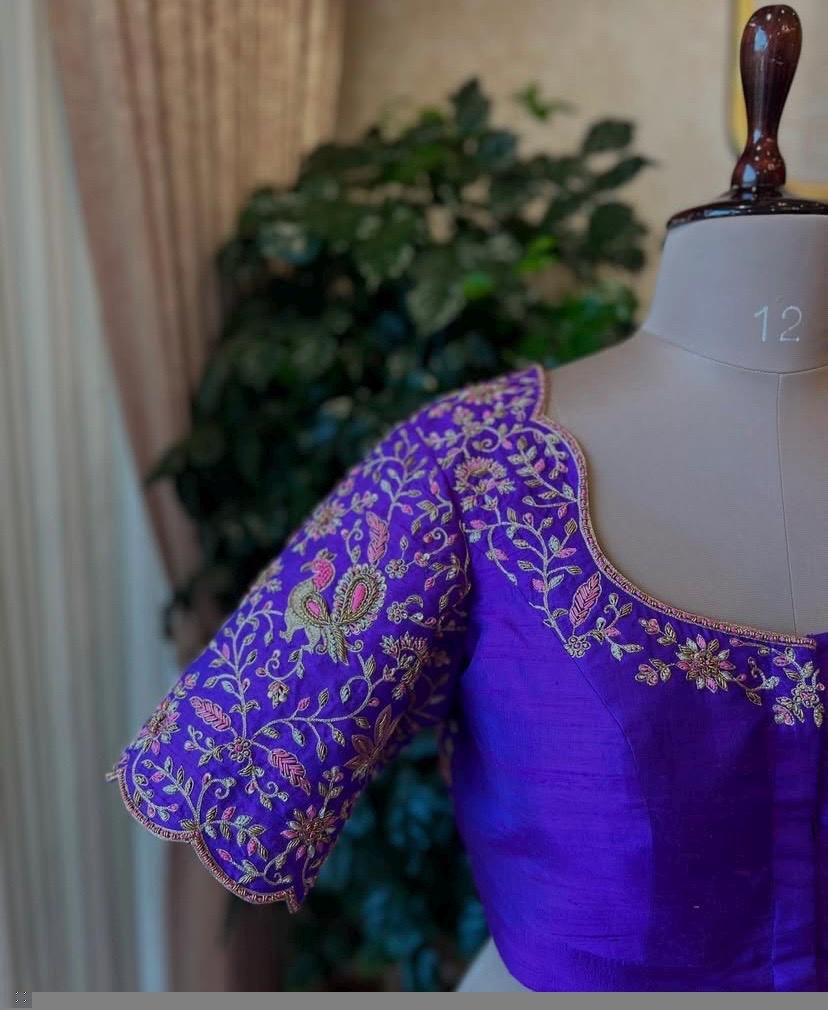 Hand Embroidered Silk Bridal Blouse: Purple Zardosi Wedding Crop Top