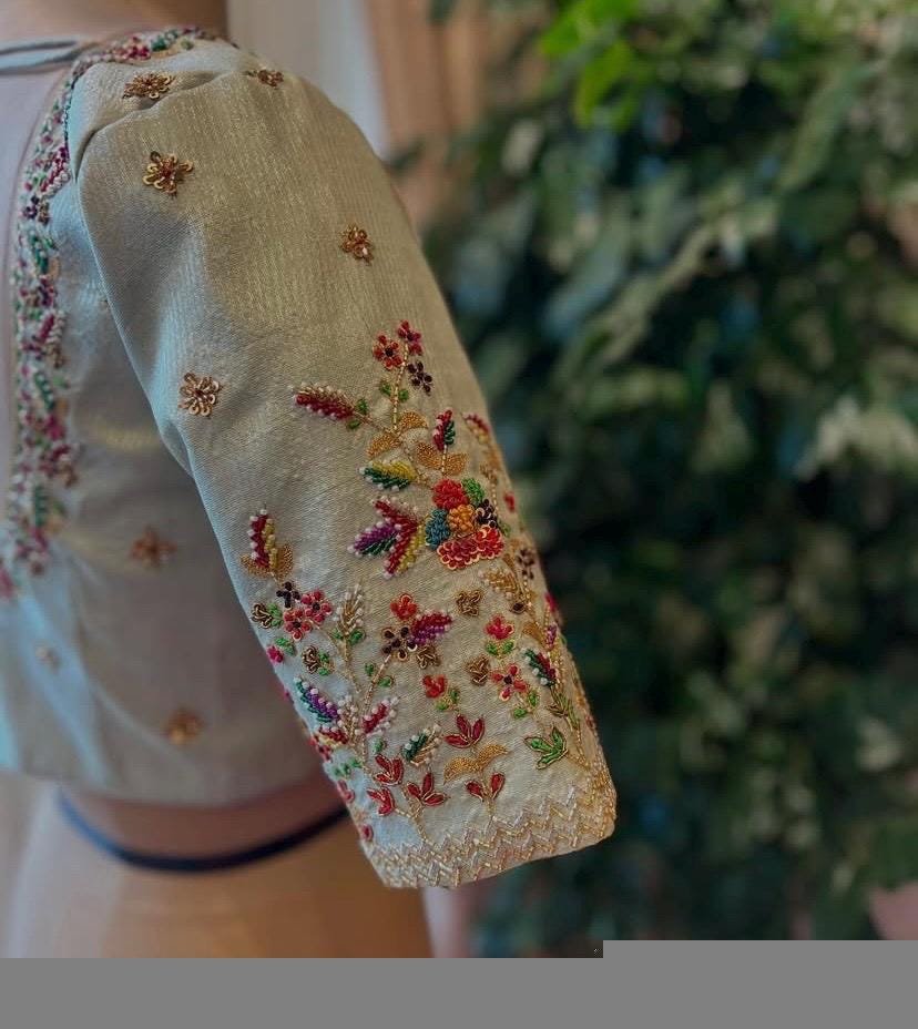 Hand Embroidered Raw Silk Blouse: Beige Zardosi Maggam Work, cream maggam blouse, handwork blouse,plus size blouses USA, custom made blouse