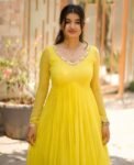 Lemon Yellow Georgette Anarkali Suit: Hand Embroidered Haldi Dress,yellow anarkali kurta,simple anarkali dress,haldi outfit,handwork kurta