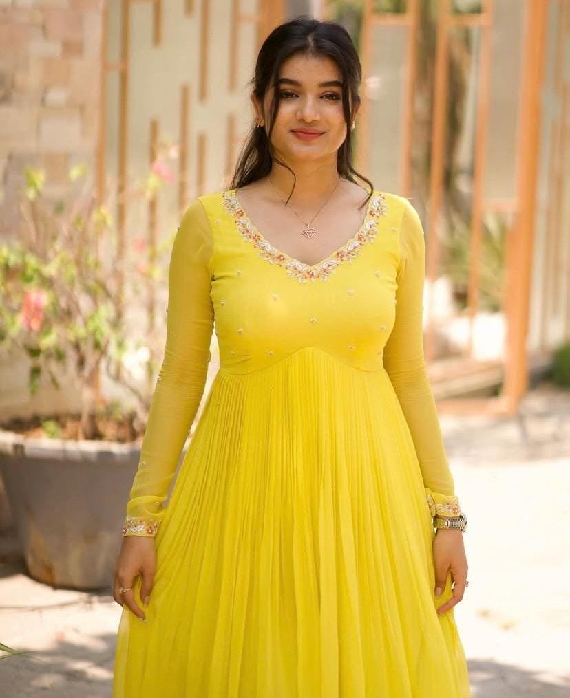 Lemon Yellow Georgette Anarkali Suit: Hand Embroidered Haldi Dress,yellow anarkali kurta,simple anarkali dress,haldi outfit,handwork kurta