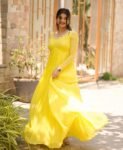 Lemon Yellow Georgette Anarkali Suit: Hand Embroidered Haldi Dress,yellow anarkali kurta,simple anarkali dress,haldi outfit,handwork kurta