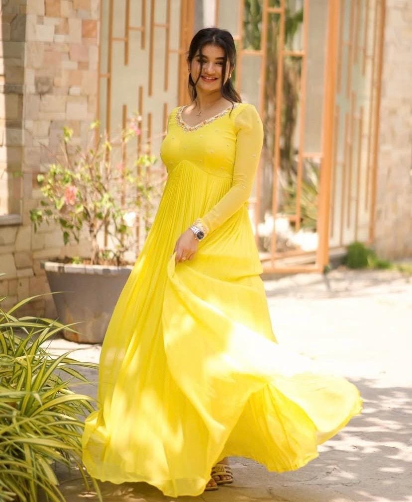 Lemon Yellow Georgette Anarkali Suit: Hand Embroidered Haldi Dress,yellow anarkali kurta,simple anarkali dress,haldi outfit,handwork kurta