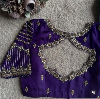 Hand Embroidered Purple Silk Blouse: Zardosi Saree Blouse - U Neck