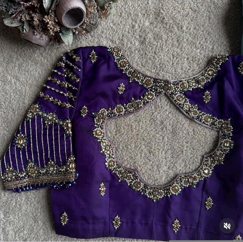 Hand Embroidered Purple Silk Blouse: Zardosi Saree Blouse - U Neck