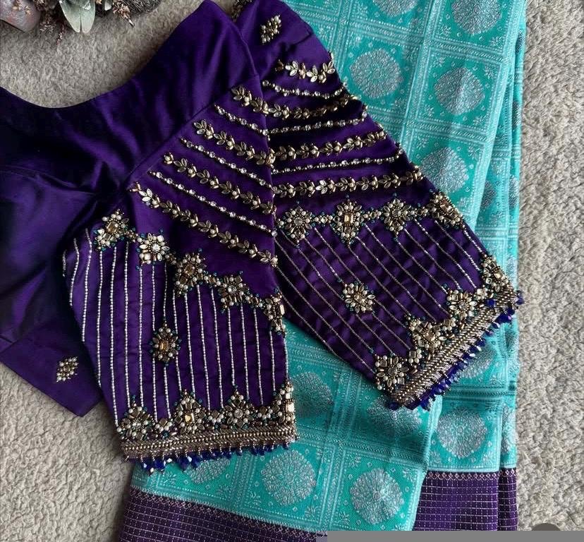 Hand Embroidered Purple Silk Blouse: Zardosi Saree Blouse - U Neck