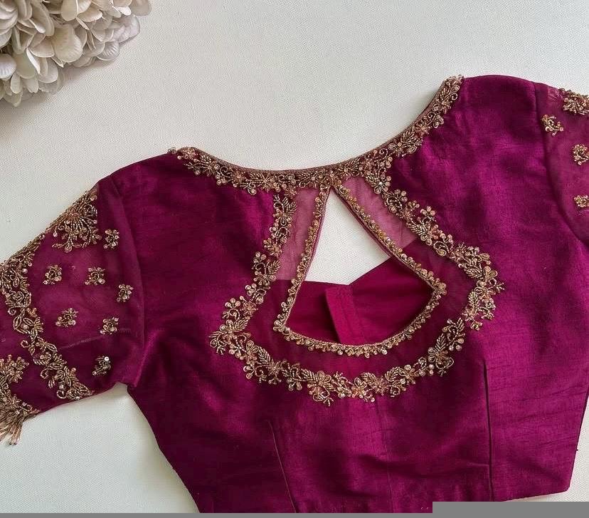 Hand Embroidered Magenta Silk Blouse: Zardosi Wedding Sari Top