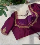 Hand Embroidered Zardosi Silk Blouse: Plum Magenta Saree Top