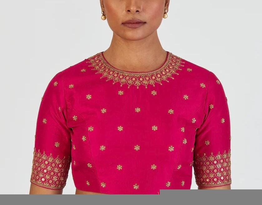 Hand Embroidered Silk Blouse: Pink Zardosi Maggam Work