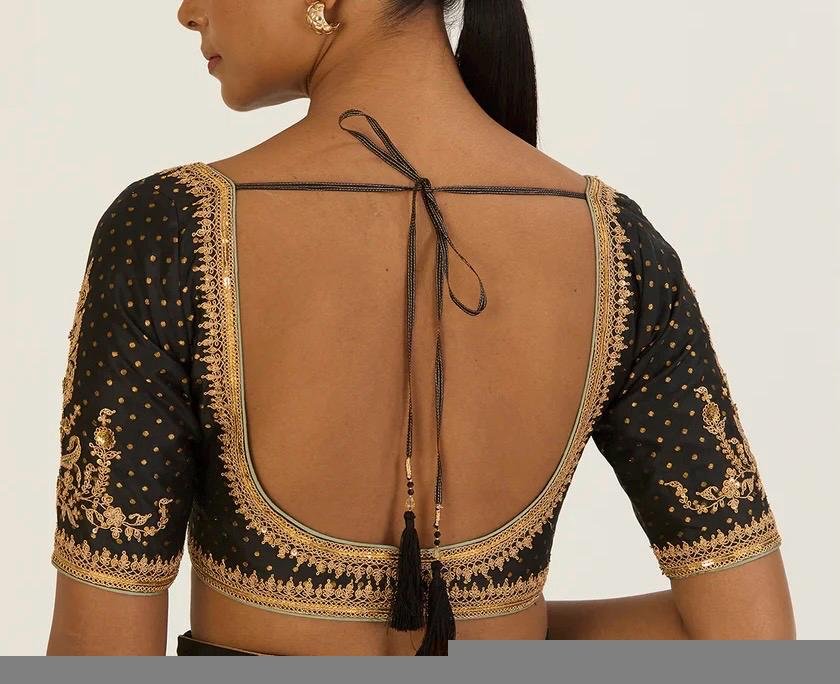 Hand Embroidered Zardosi Silk Blouse: Black Maggam Work, Deep Neck