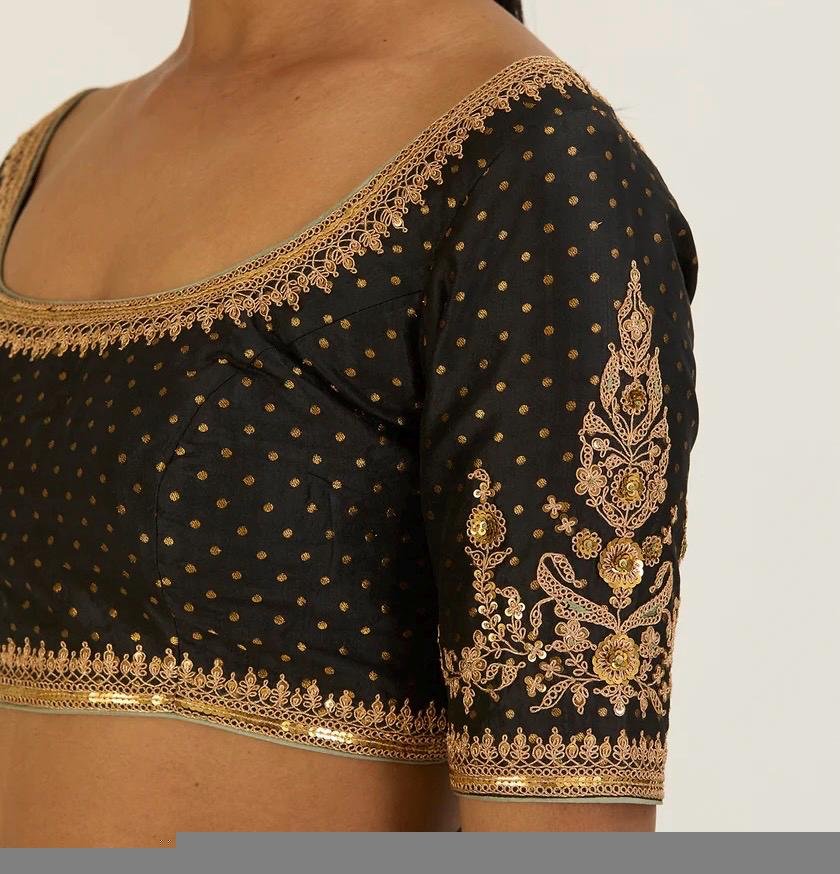 Hand Embroidered Zardosi Silk Blouse: Black Maggam Work, Deep Neck