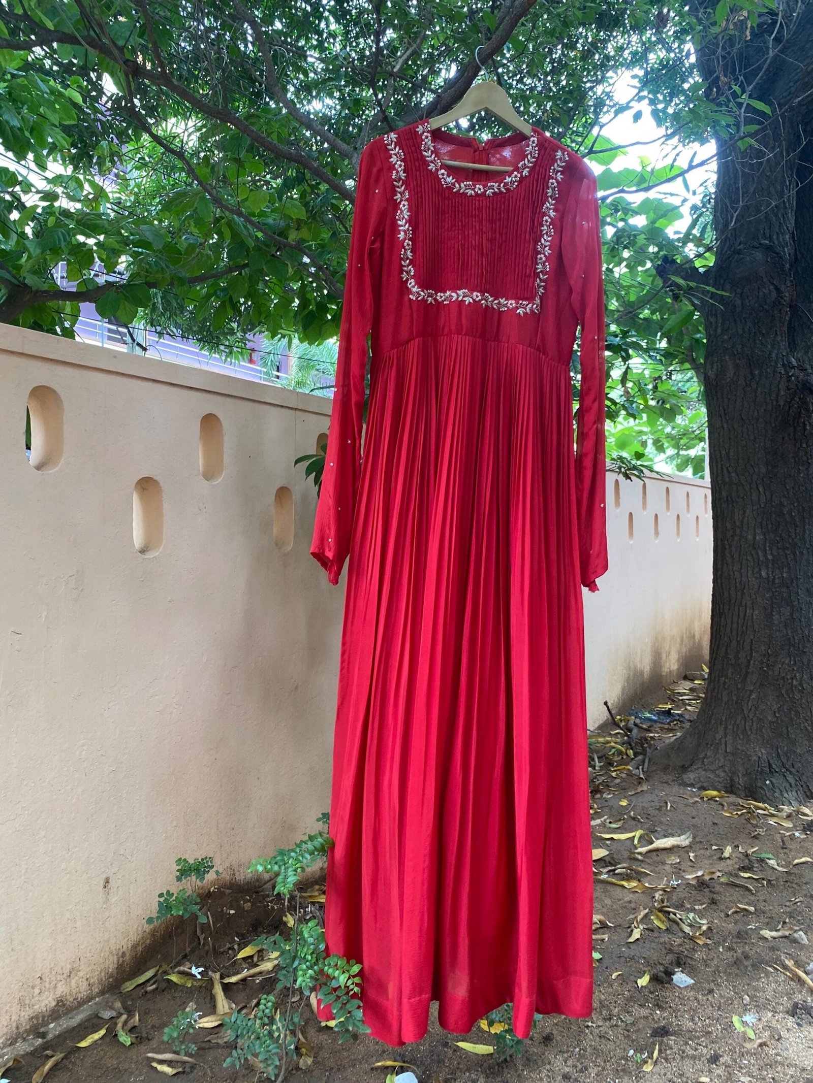 Hand Embroidered Red Chanderi Anarkali Dress: Indian Party Gown,red anarkali dress , red full sleeve dress , handwork dress, Indian kurta us