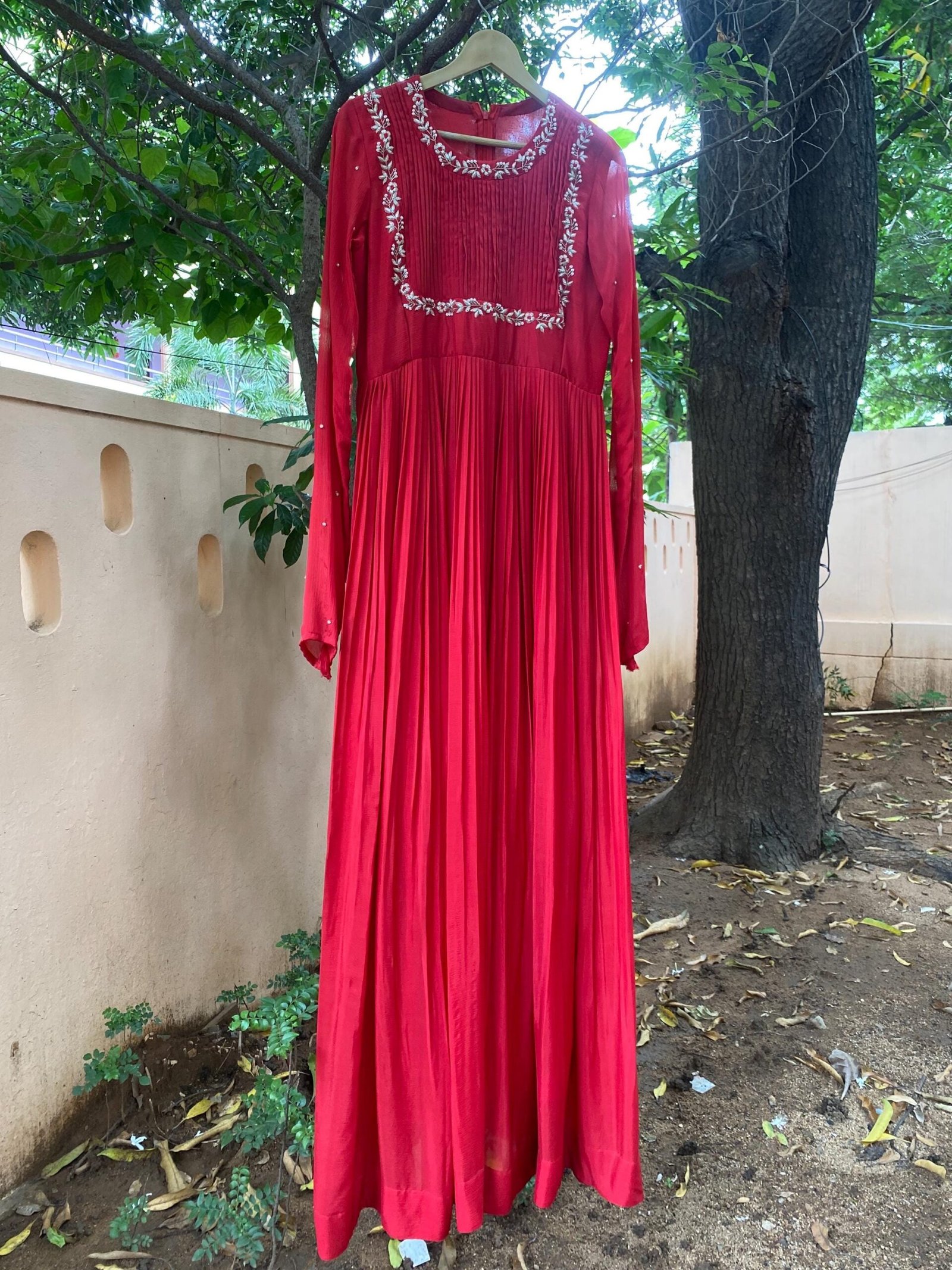 Hand Embroidered Red Chanderi Anarkali Dress: Indian Party Gown,red anarkali dress , red full sleeve dress , handwork dress, Indian kurta us