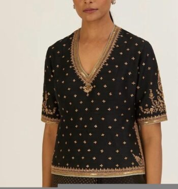 Hand Embroidered Silk Peplum Blouse: Black Zardosi Maggam Work,black long blouse,hip length blouse,maggam blosue handwork,plus size blouse