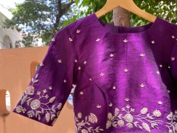 Hand Embroidered Silk Saree Blouse: Purple Zardosi High Neck