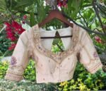 Hand Embroidered Zardosi Silk Blouse: Cream Saree Top