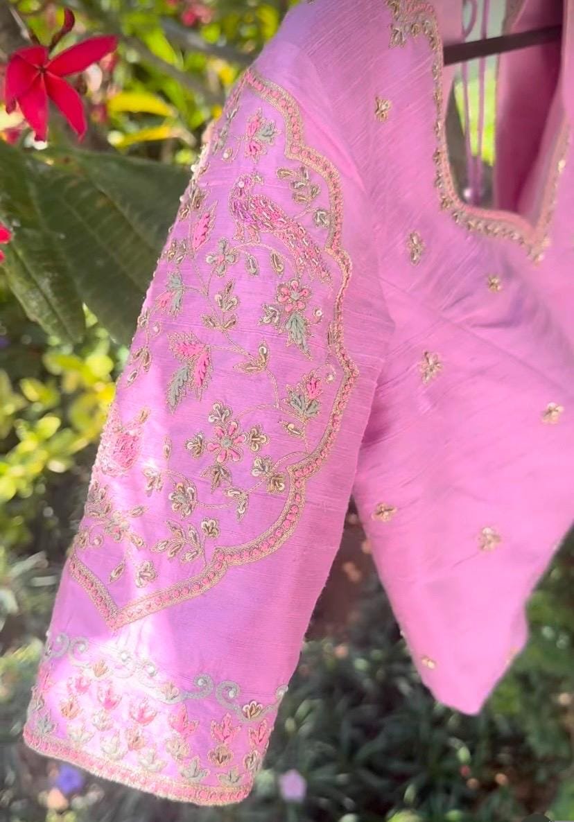 Hand Embroidered Silk Blouse: Light Pink Zardosi Maggam Work