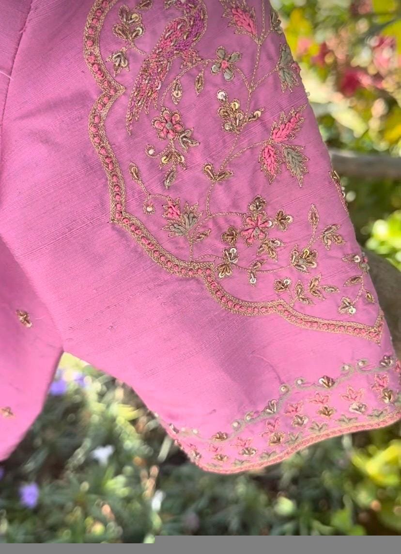 Hand Embroidered Silk Blouse: Light Pink Zardosi Maggam Work