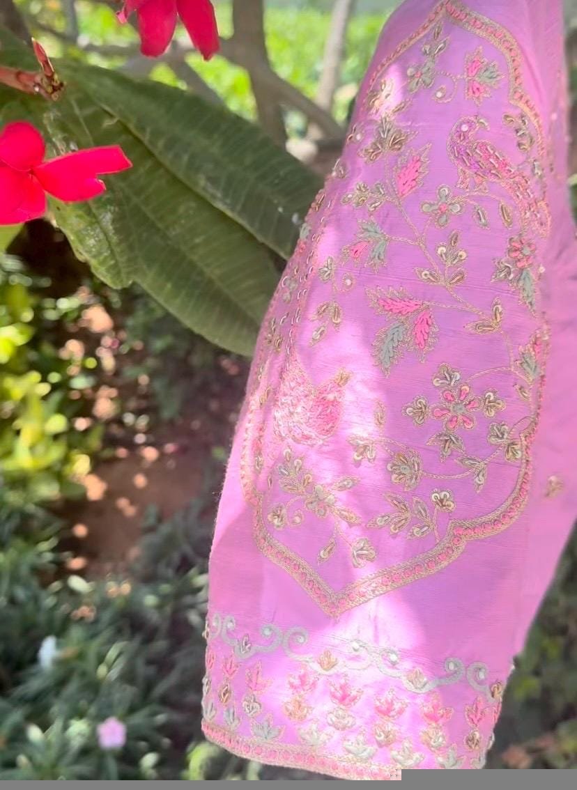 Hand Embroidered Silk Blouse: Light Pink Zardosi Maggam Work