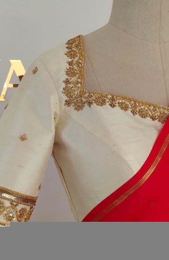 Hand Embroidered Raw Silk Blouse: Cream Zardosi Work, Elbow Sleeves